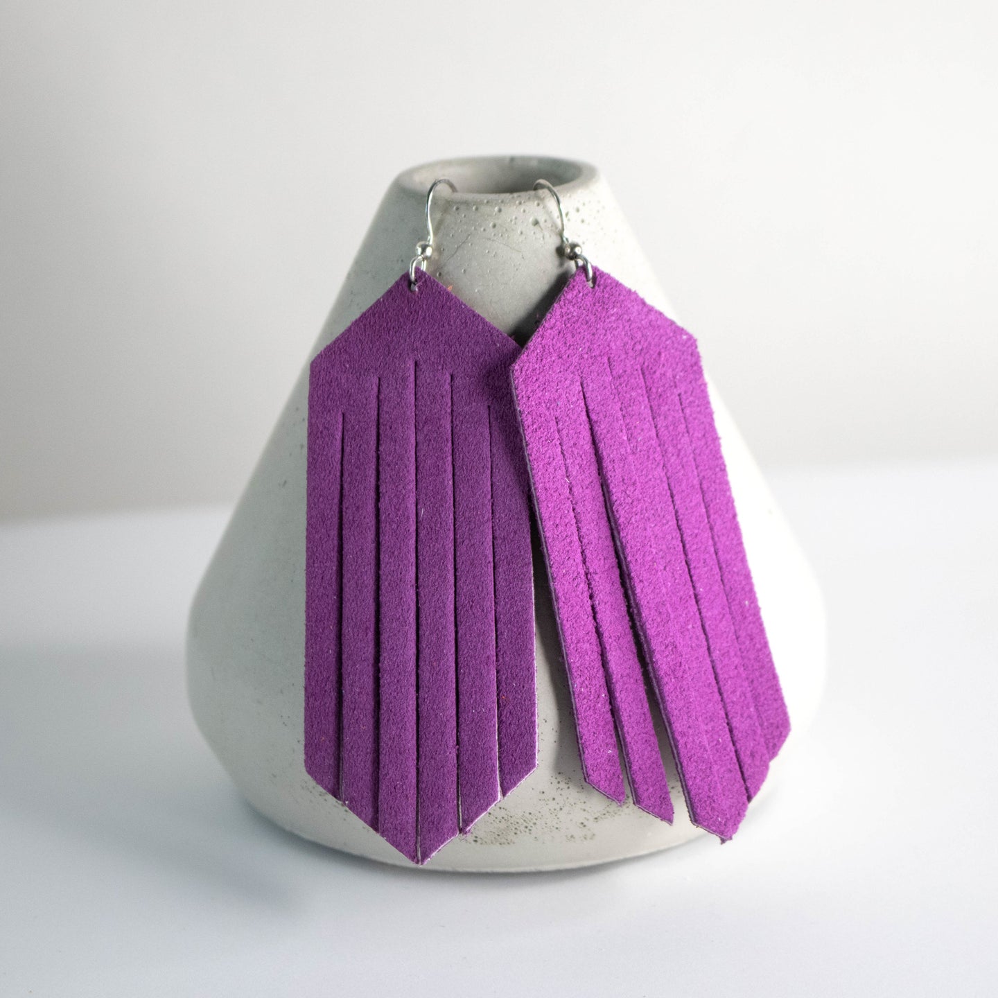 Orchid Purple Leather Fringe Earrings-Womens-LittleGreenRoomJewelry-LittleGreenRoomJewelry